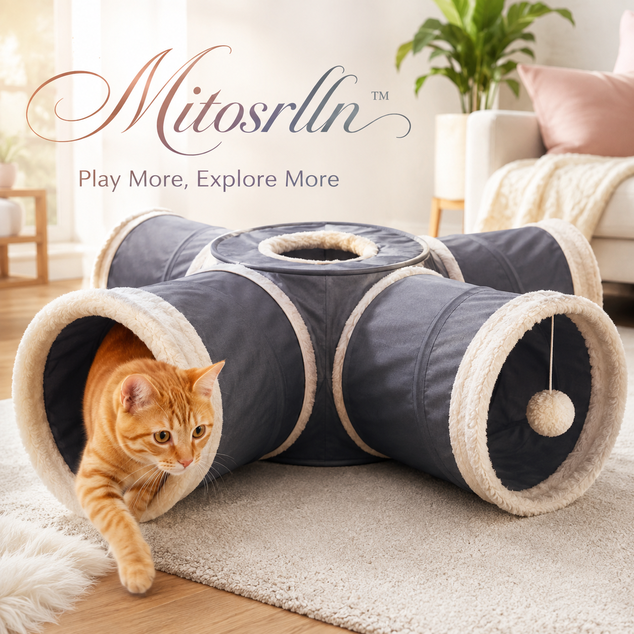 Mitosrlln™ Interactive Cat Tunnel Toy, Foldable Pet Play Tunnel, Crinkle Sound Cat Activity Center with Hanging Ball