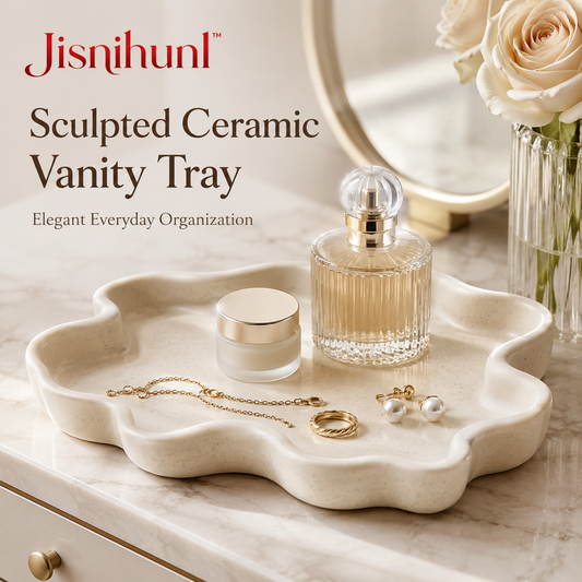 Jisnihunl™ Sculpted Ceramic Vanity Tray – Minimalist Jewelry Dish, Bathroom Counter Organizer, Perfume Tray, Decorative Catchall Tray
