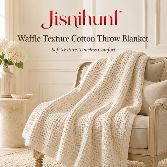 Jisnihunl™ Waffle Texture Cotton Throw Blanket – Lightweight Sofa Throw, Cozy Bed Blanket, Neutral Living Room Decor, Soft Home Accent