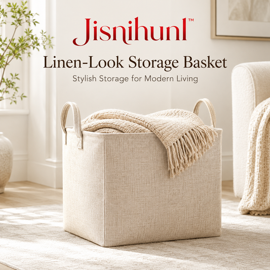 Jisnihunl™ Linen-Look Storage Basket – Foldable Fabric Organizer Bin, Closet Storage, Shelf Basket, Nursery & Living Room Organizer