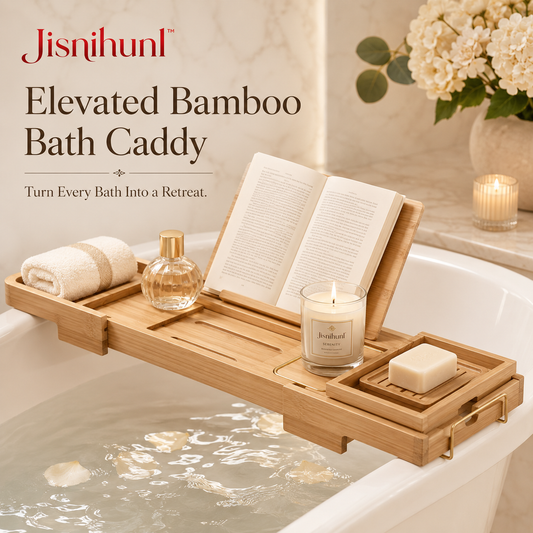 Jisnihunl™ Elevated Bamboo Bath Caddy – Bathtub Tray, Spa Bath Organizer, Candle & Book Holder, Luxury Self-Care Bathroom Accessory