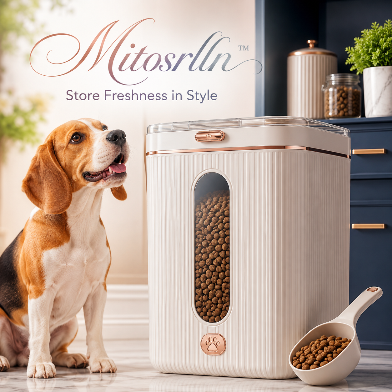 Mitosrlln™ Pet Food Storage Container, Airtight Dog Food Storage Bin, Pet Treat Organizer with Measuring Scoop
